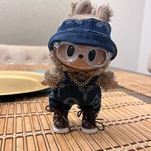 Fashionable Denim Labubu Outfit with matching Hat, Glasses and Shoes